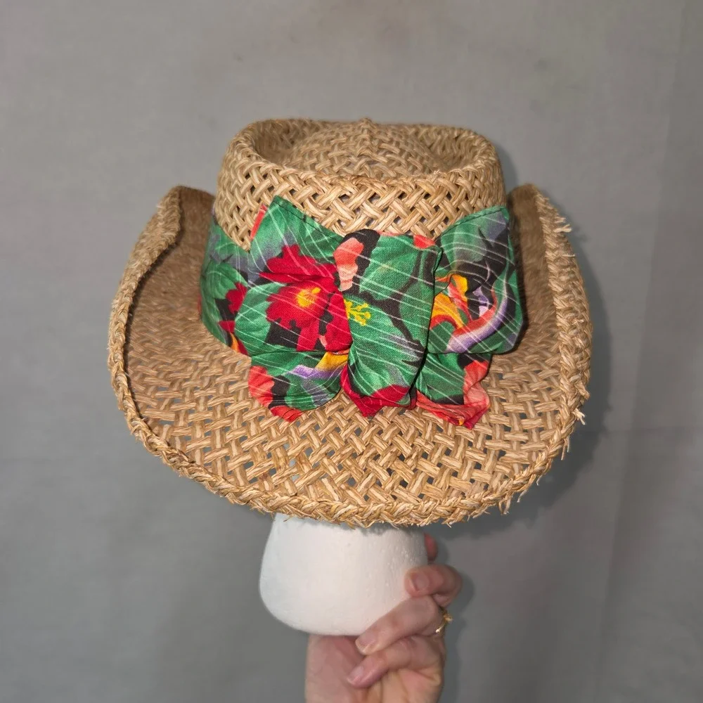 Imperial Headwear Straw Sun Hat Women OS Tan Floral Kiahuna Golf Club Cowboy Bow